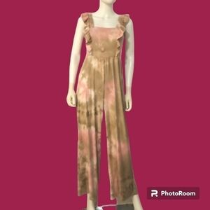 VIBE Tan and Pink Tie Dye Ribbed Ruffle Sleeveless Hippie Jumpsuit Romper